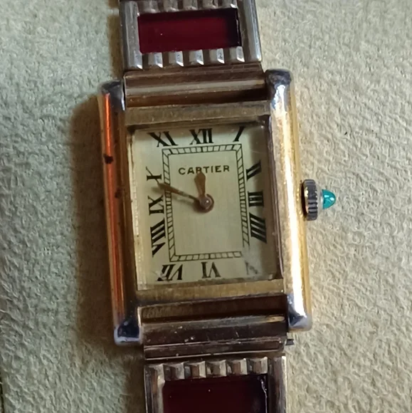 *SOLD* Ladies Cartier Gold-Tone Watch With 8 Garnet Panels VERY Old - Picture 1 of 14